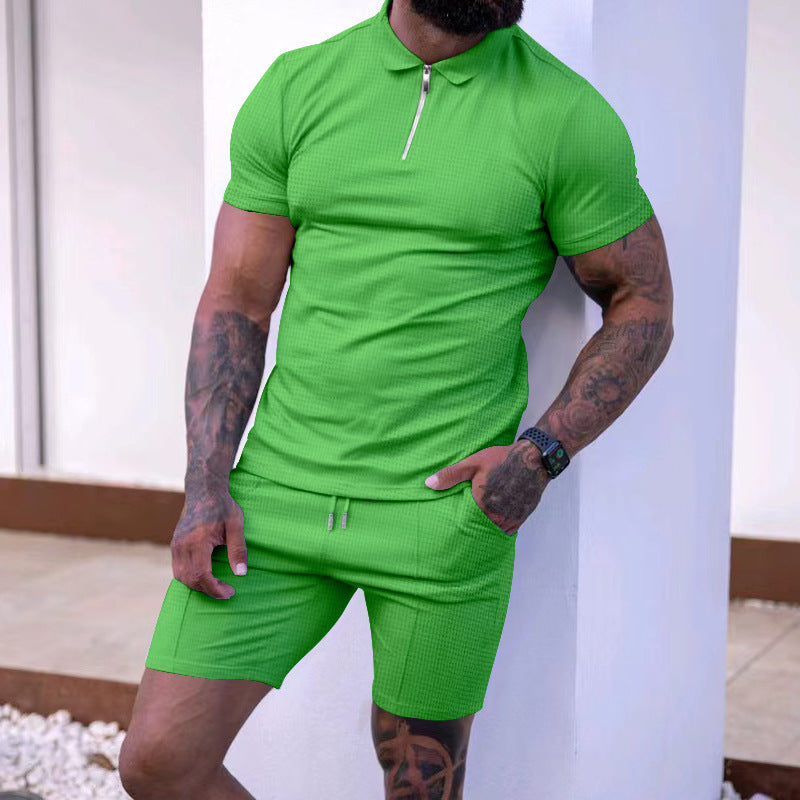 Herren modisches Polo- und Shorts-Set mit strukturiertem Gewebe und funktionalem Reißverschluss Drune