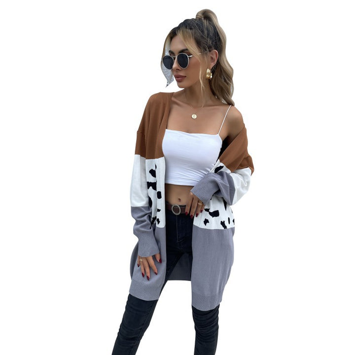 Damen Offene Longcardigan im Blockdesign mit Animal‑Intarsien und gerippten Abschlüssen Drune
