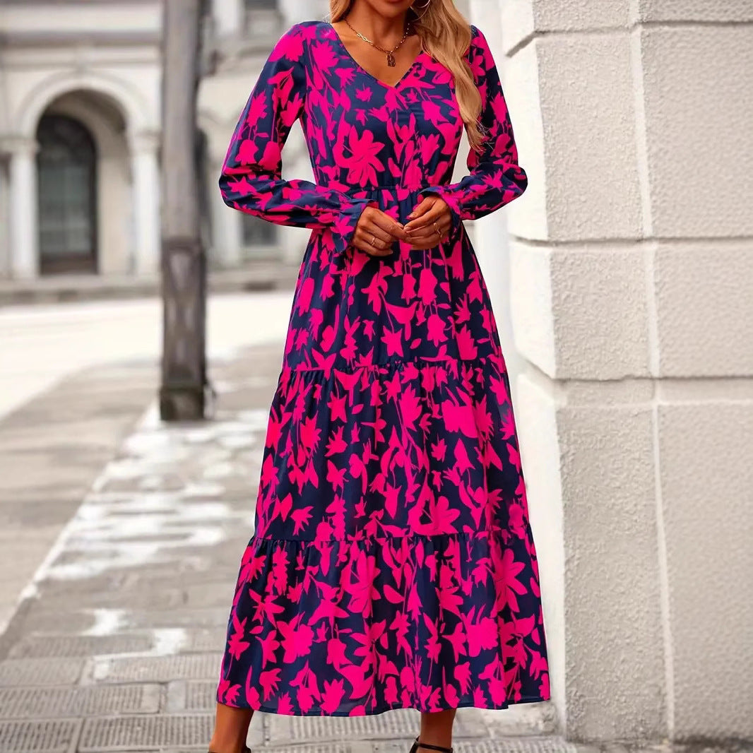 Damen Maxikleid mit V-Ausschnitt und voluminösen Ärmeln Drune