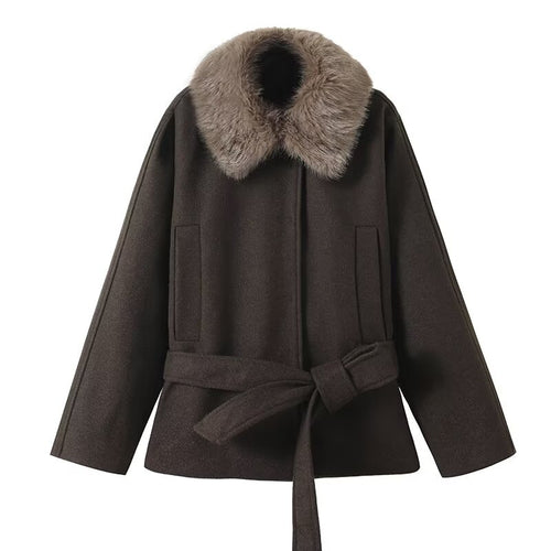 Damen Übergangsjacke mit luxuriösem Kunstfellkragen und Taillengürtel Drune