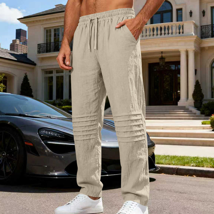 Herren Leinenoptik-Loungehose mit Tunnelzug elastischem Bund und abgesteppten Kniepanelen Drune