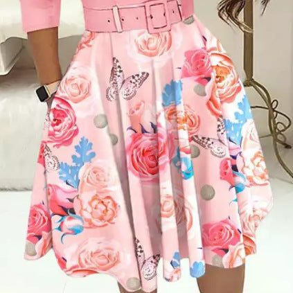 Damen Kleid im eleganten A-Linien-Stil mit Taillengürtel und floralem Druck Drune