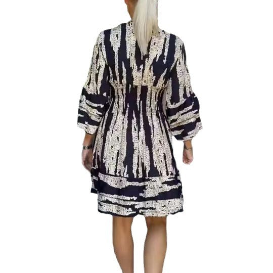 Damen romantisches V-Ausschnitt Kleid mit weiten Ärmeln und floralem Design Drune