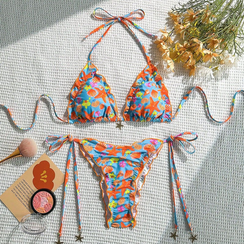 Damen fröhlicher Blumenmuster-Bikini mit Rüschen Drune