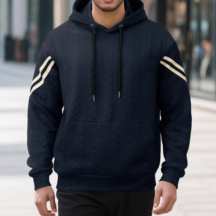 Herren Kabelstruktur-Kapuzenpullover mit Kängurutasche und Kontraststreifen Drune