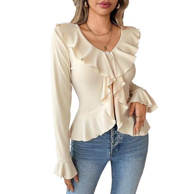 Damen Chiffon-Volantbluse mit Knopfleiste, Tailliertem Schößchen und Rüschenkragen Drune
