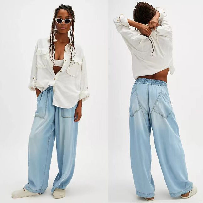 Damen nan weite Lyocell-Hose mit elastischem Kordelbund und großen aufgesetzten Fronttaschen Drune