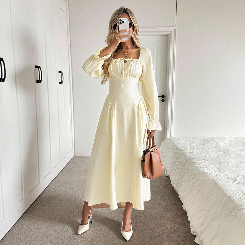 Damen romantisches Midikleid mit Korsagen-Taille, Quadratausschnitt und voluminösen Ärmeln Drune