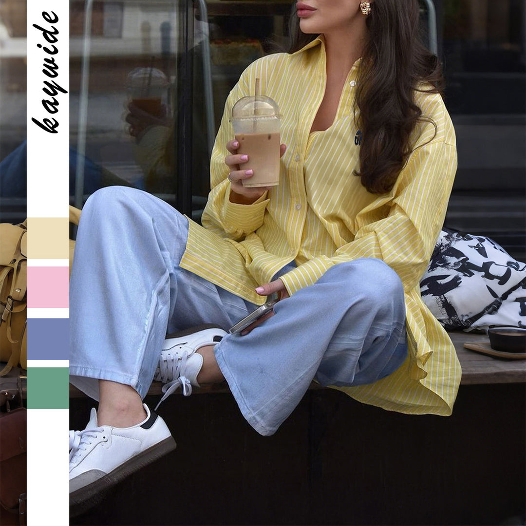 Damen nan oversized gestreifte Hemdbluse mit verlängertem Rückteil und extraweiten Manschetten Drune