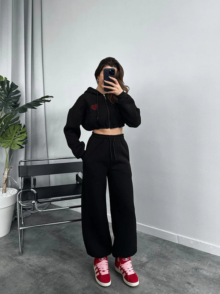 Damen Gekürztes Kapuzen‑Zip‑Set mit Herz‑Stickerei und weiter High‑Waist Jogginghose Drune
