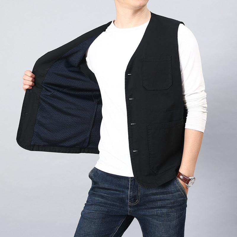 Unisex Canvas-Utility-Weste mit gestreiftem Innenfutter, aufgesetzten Taschen und Knopfverschluss Drune