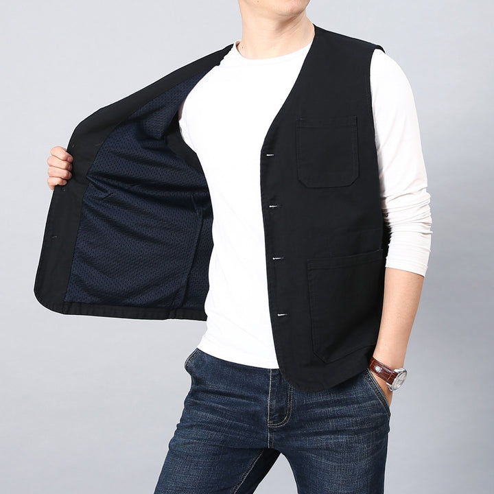 Unisex Canvas-Utility-Weste mit gestreiftem Innenfutter, aufgesetzten Taschen und Knopfverschluss Drune