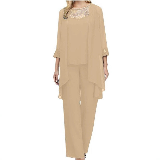 Damen nan fließendes Chiffon-Abendensemble mit Spitzenbesatz, Kimono-Cardigan und weiter Palazzohose Drune