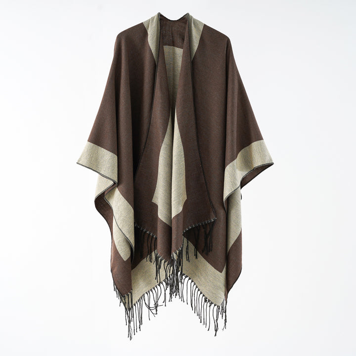Damen Oversize-wendbarer Capeponcho aus Wollmix mit Fransen Drune
