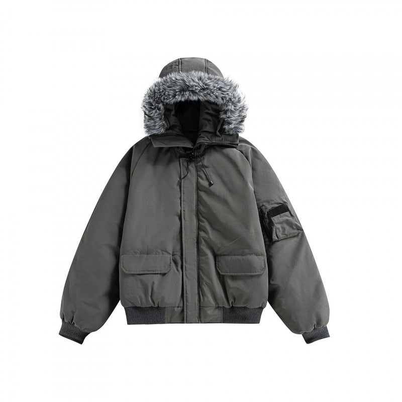 Unisex Wattierte Bomberjacke mit Kunstfellkapuze, geripptem Saum und Utility-Taschen Drune