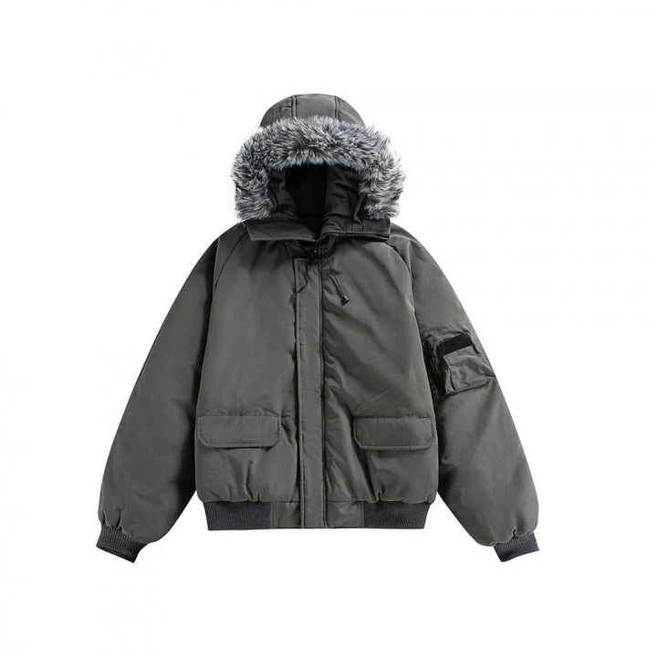 Unisex Wattierte Bomberjacke mit Kunstfellkapuze, geripptem Saum und Utility-Taschen Drune