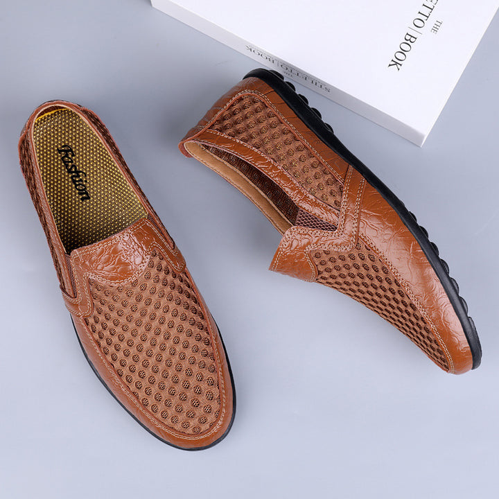 Herren Atmungsaktiver Lochleder-Slipper im Mokassin-Stil mit flexibler Gummisohle Drune