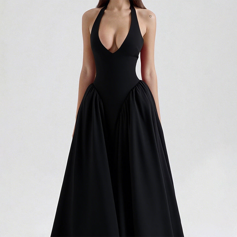 Damen Elegantes Maxikleid mit tiefem V-Ausschnitt und fließendem Rock Drune