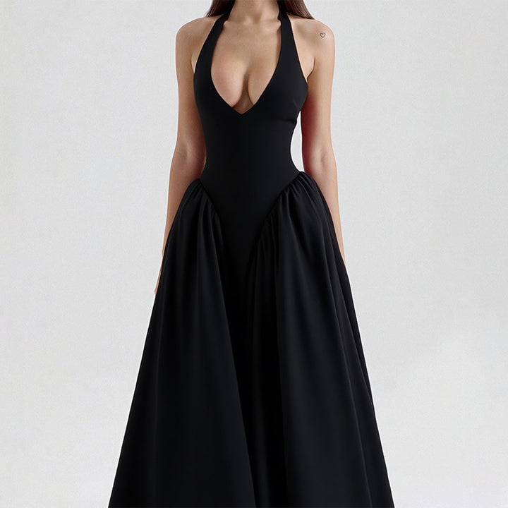 Damen Elegantes Maxikleid mit tiefem V-Ausschnitt und fließendem Rock Drune