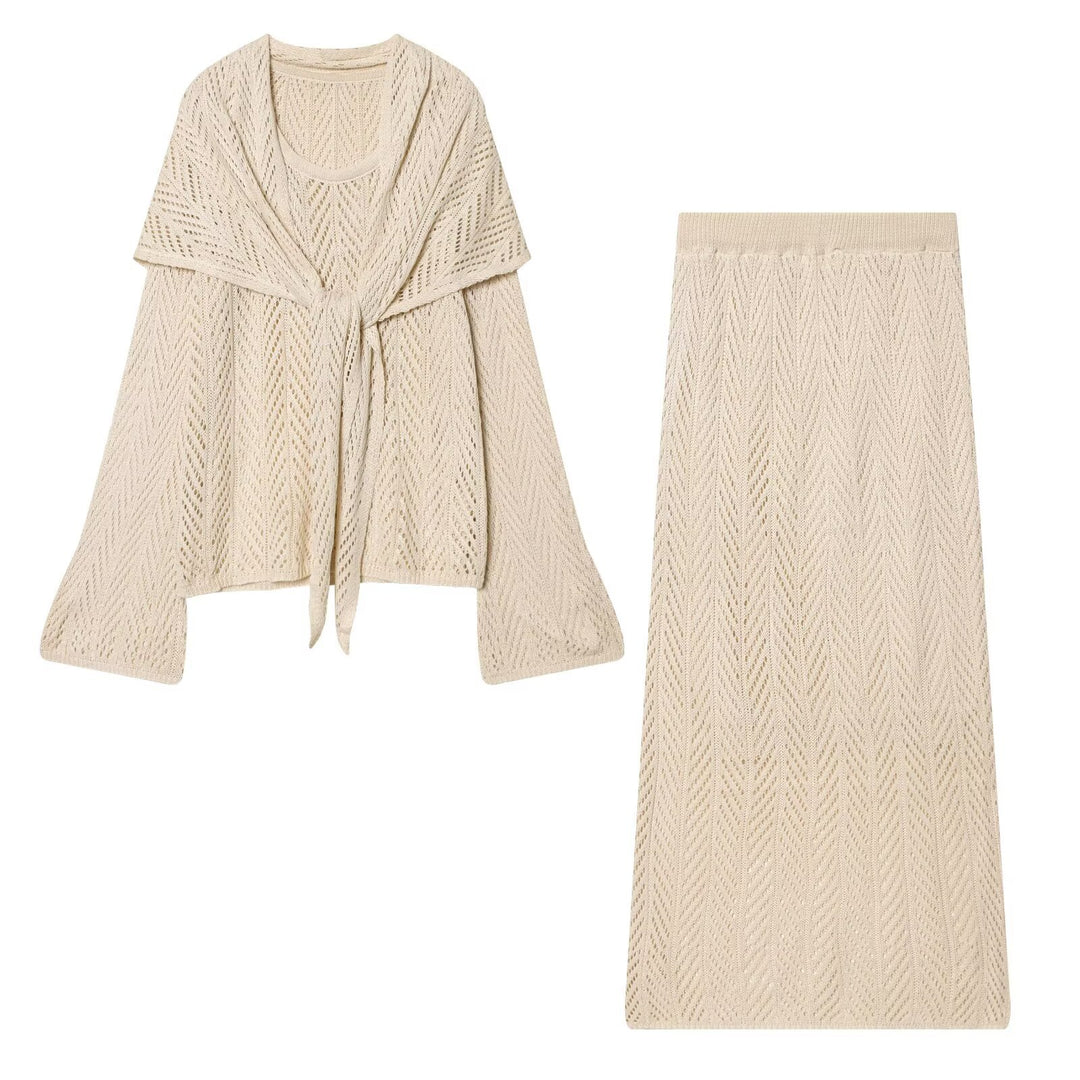 Damen Ajourstrick-Set mit offener Cardigan und Midirock Drune