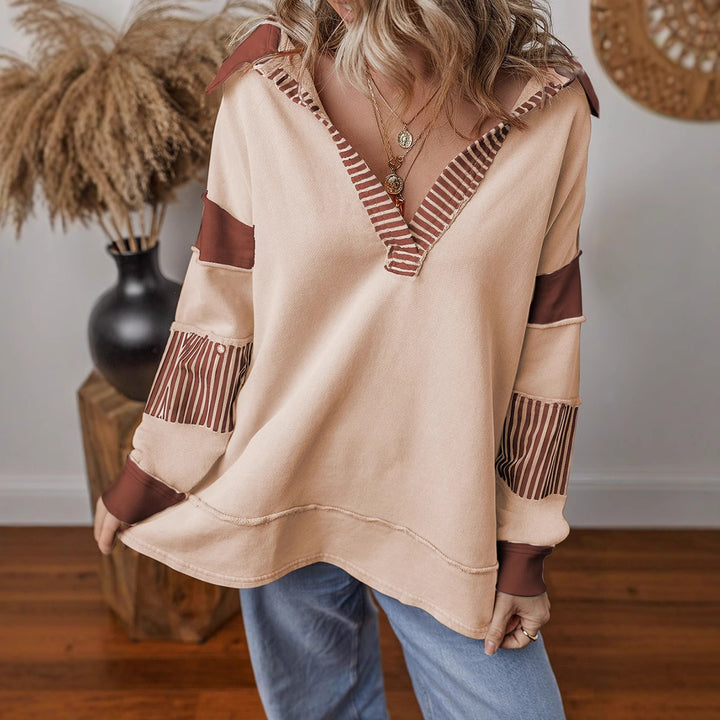 Damen lässiger Pullover mit Hemdkragen und gestreiften Ärmeln Drune