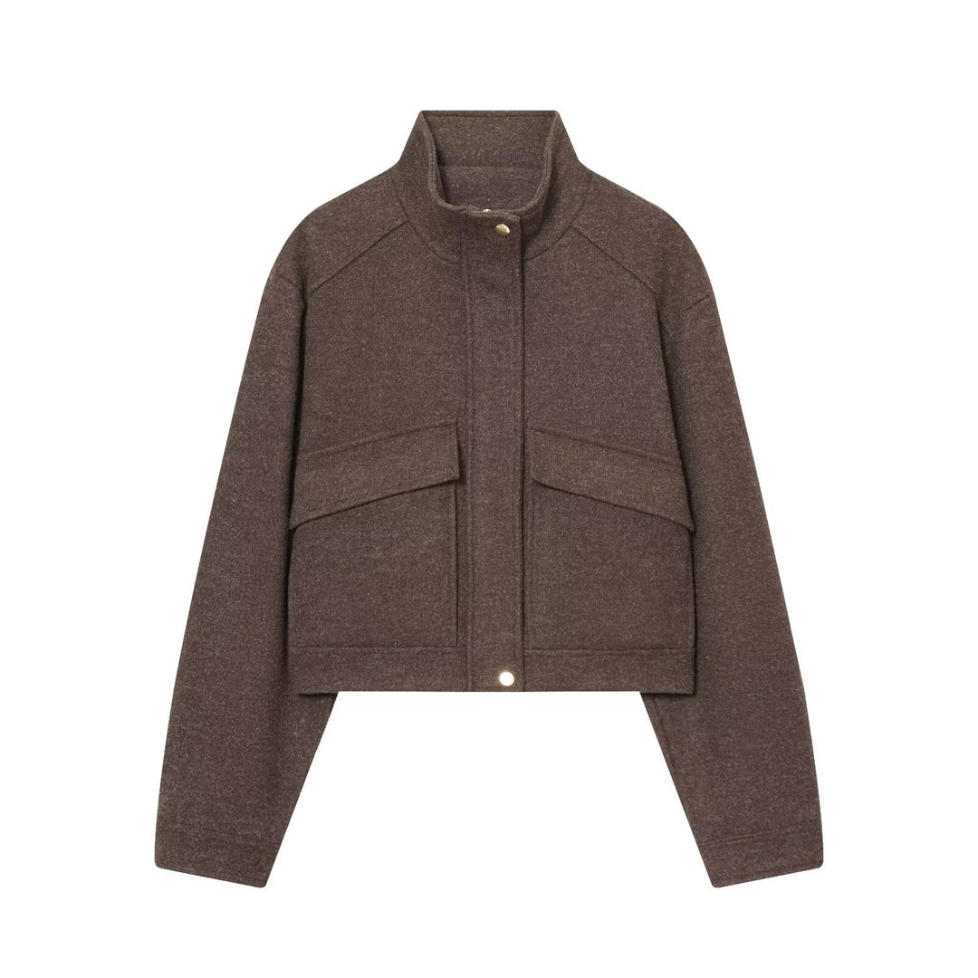 Damen Kurz geschnittene Wollmix-Boxy-Jacke mit Stehkragen und Pattentaschen Drune