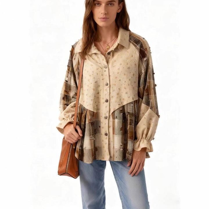 Damen Patchwork-Bluse-Jacke mit plissiertem Saum und Knopfleiste Drune
