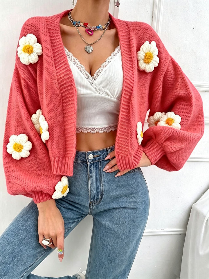 Damen Kurzgeschnittener Grobstrick-Cardigan mit 3D-Blütenapplikationen Drune