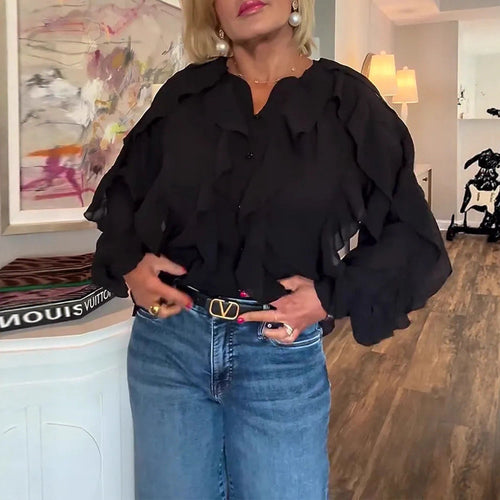 Damen nan semitransparente Lagenvolant-Bluse aus Chiffon mit Ballonärmeln und verdeckter Knopfleiste Drune