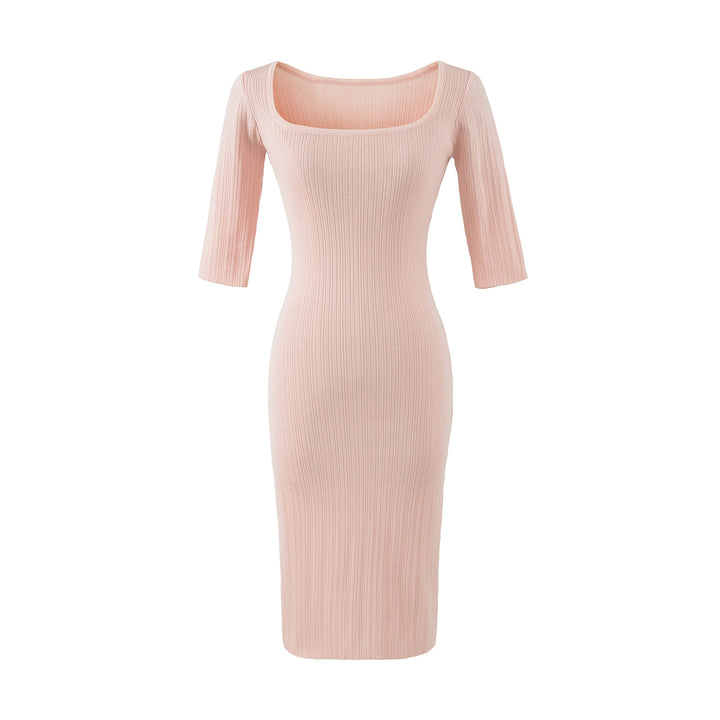 Damen Geripptes Midikleid mit quadratischem Ausschnitt und dreiviertelärmeln Drune