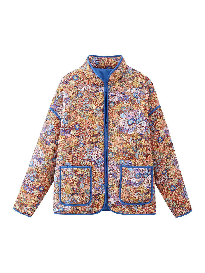 Damen nan gesteppte Blumenjacke mit Stehkragen Reißverschluss und aufgesetzten Taschen Drune