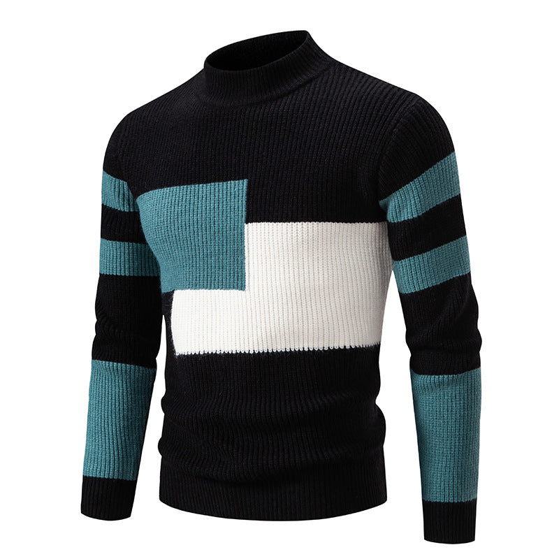 Herren Grobstrick-Pullover mit Stehkragen und kontrastierendem Blockstreifenmuster Drune