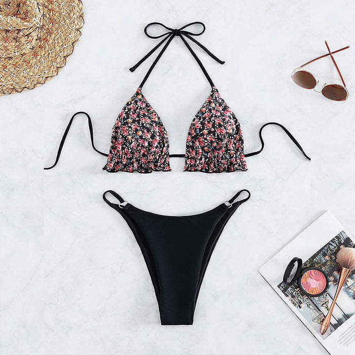 Damen Triangel-Bikini-Set mit floralem Muster und Rüschen Drune