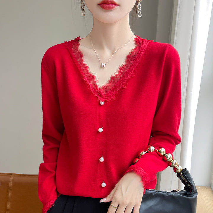 Damen Zarter V-Ausschnitt-Feinstrickcardigan mit floraler Spitzenkante und Perlenverzierung Drune