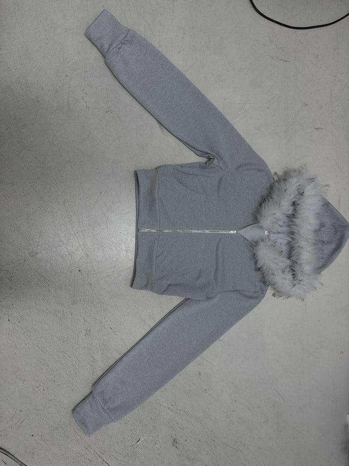 Damen Kurze Kapuzenjacke mit Reißverschluss, tailliertem Cropped-Schnitt und Kunstfellkragen Drune