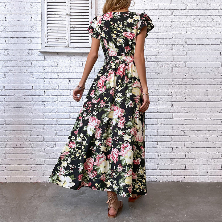 Damen Maxikleid mit floralen Mustern, Schlitz und taillierbarem Gürtel Drune