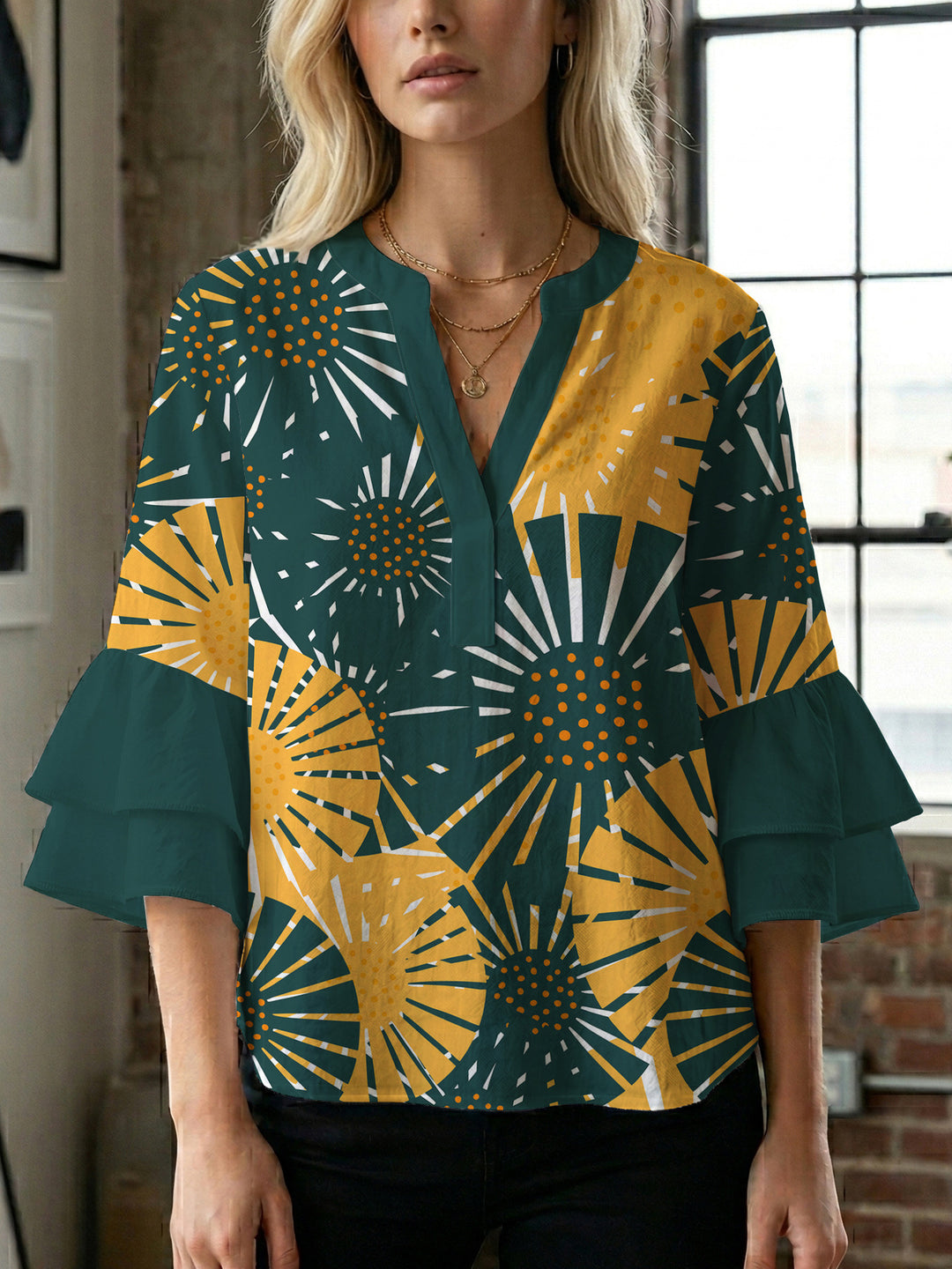 Damen elegantes Oberteil mit voluminösen Rüschensäumen und floralem Design Drune
