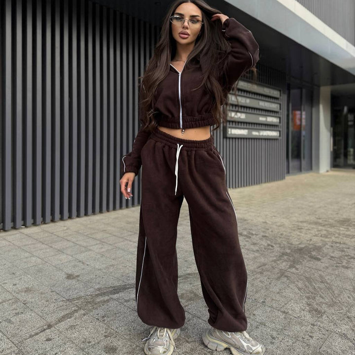 Damen Gekürztes Zip-Fleece-Set mit tailliertem Kordelbund und weitem Hosenbein Drune