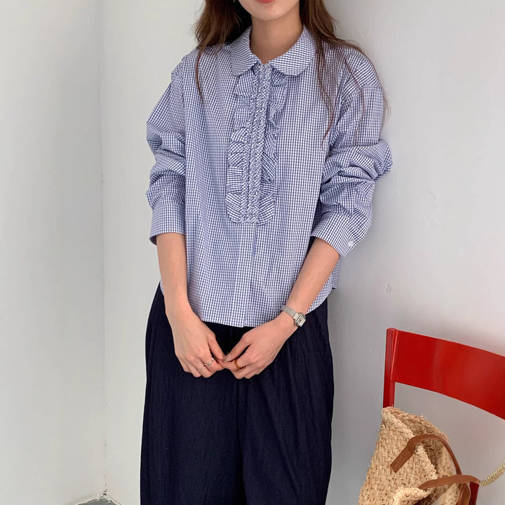 Damen Karierte Bluse mit Rüschendetails Drune
