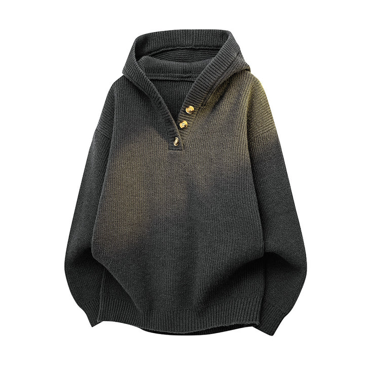 Damen Relaxed Kapuzenpullover aus geripptem Strick mit Halbsteg-Knopfleiste Drune