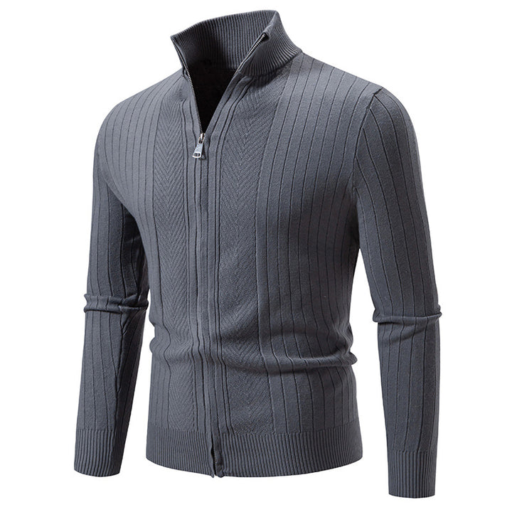 Herren Schmal geschnittene Feinstrick-Zipjacke mit Stehkragen und markanter Rippstruktur Drune