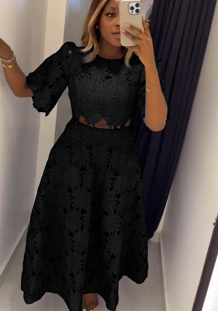 Damen nan zweiteiliges florales Spitzenkleid mit Midirock und kurzem Oberteil Drune