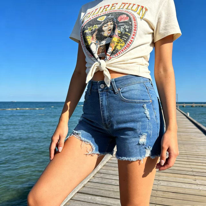 Damen Destroyed Denim-Shorts mit fransigem Saum und stylischen Rissdetails Drune
