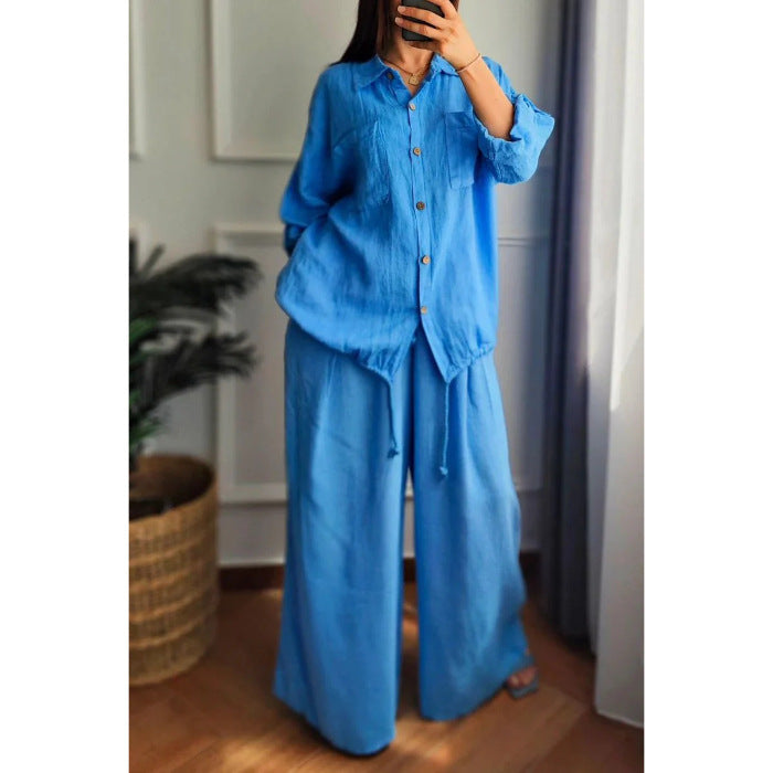 Damen Leinen-Set mit weiten Hosen undlässiger Bluse Drune