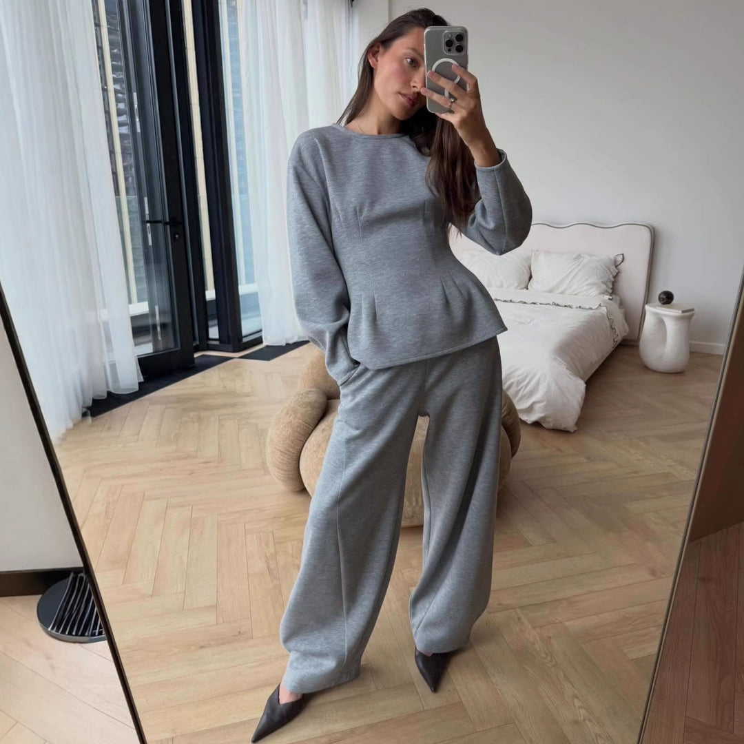 Damen Tailliertes Peplum-Oberteil mit Wiener Nähten und weitem Lounge-Hosen-Set Drune