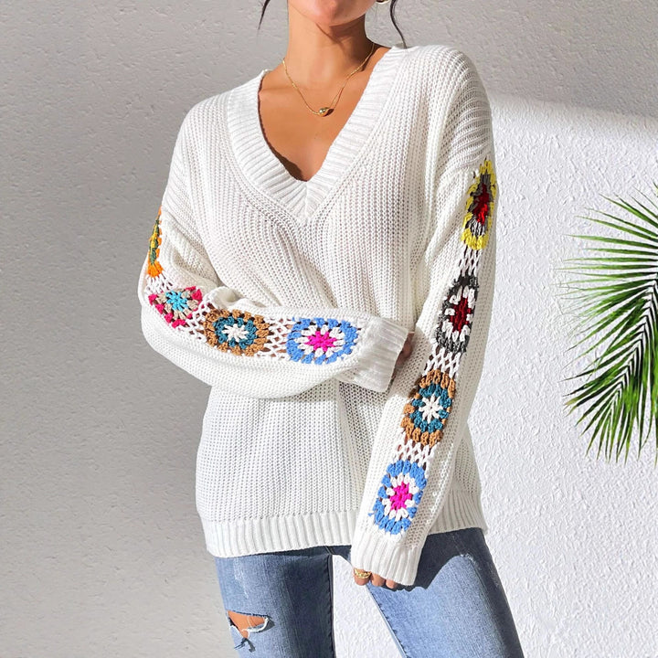Damen Modischer Strickpullover mit V-Ausschnitt und bunten Stickereien