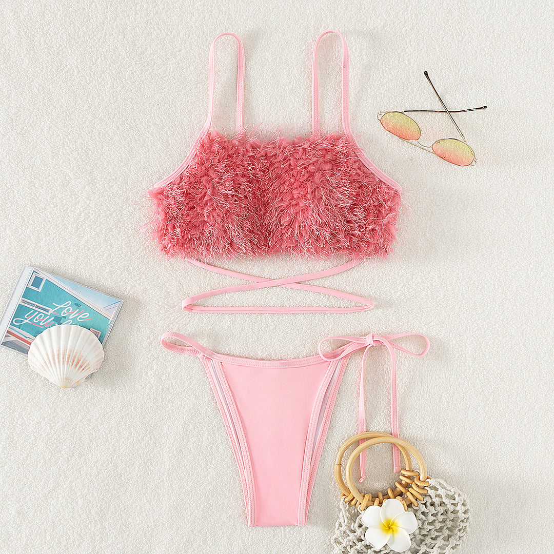 Damen Trendiger Bikini mit fluffigem Oberteil Drune