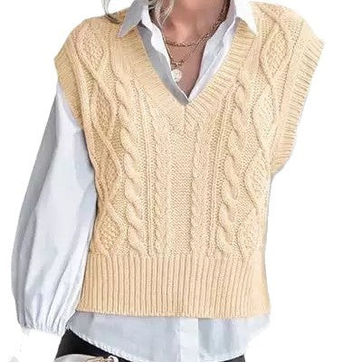 Damen Strickpullover im Vintage-Look mit V-Ausschnitt und Zopfmuster Drune
