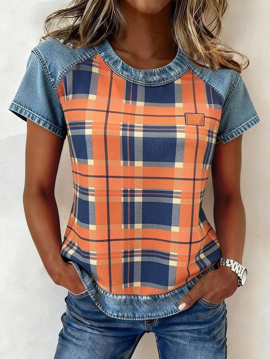 Damen Kurzarmshirt mit Jeans-Einsätzen und Teddy-Patchprint Drune