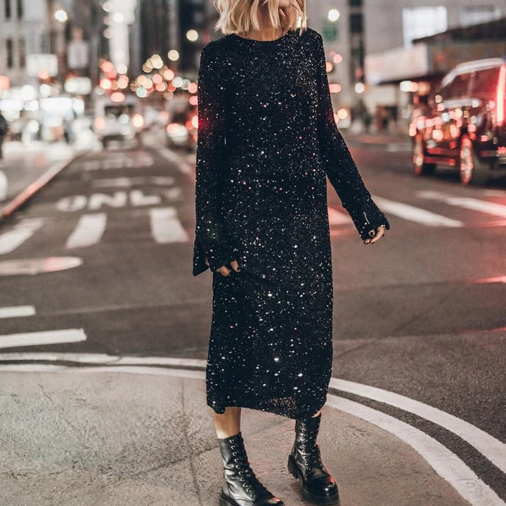 Damen Glitzerndes Midikleid mit elegantem Rundhalsausschnitt und figurschmeichelndem Schnitt Drune
